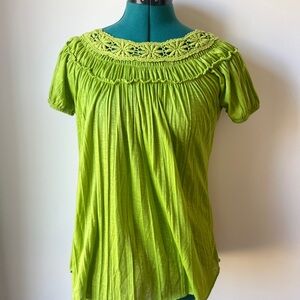New Directions Lime Green Blouse with Crochet Neckline